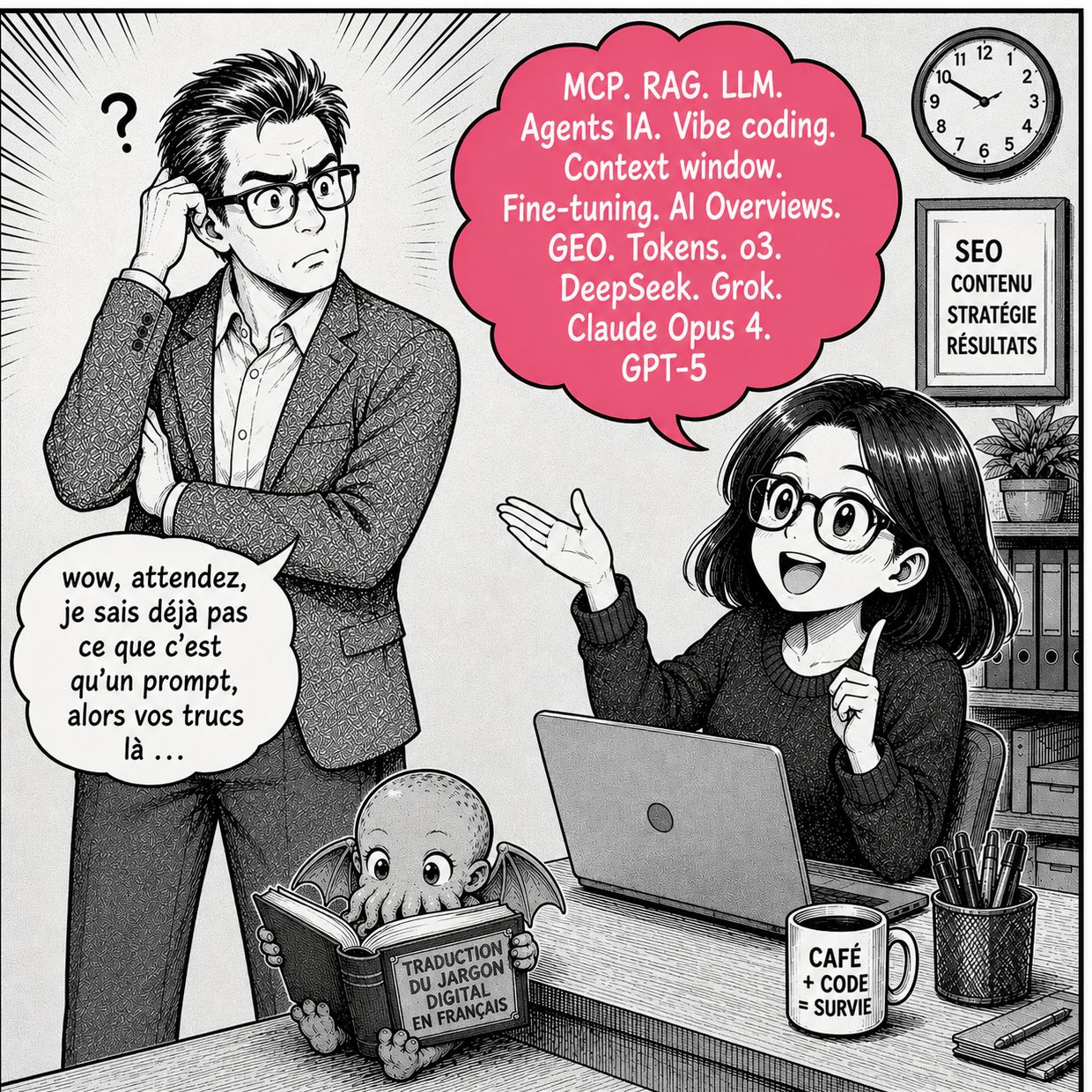 Dessin en noir et blanc façon manga : une femme à lunettes énumère du jargon d’IA (MCP, RAG, LLM, GEO, tokens) à un homme perplexe, qui avoue ne pas savoir ce qu’est un prompt.